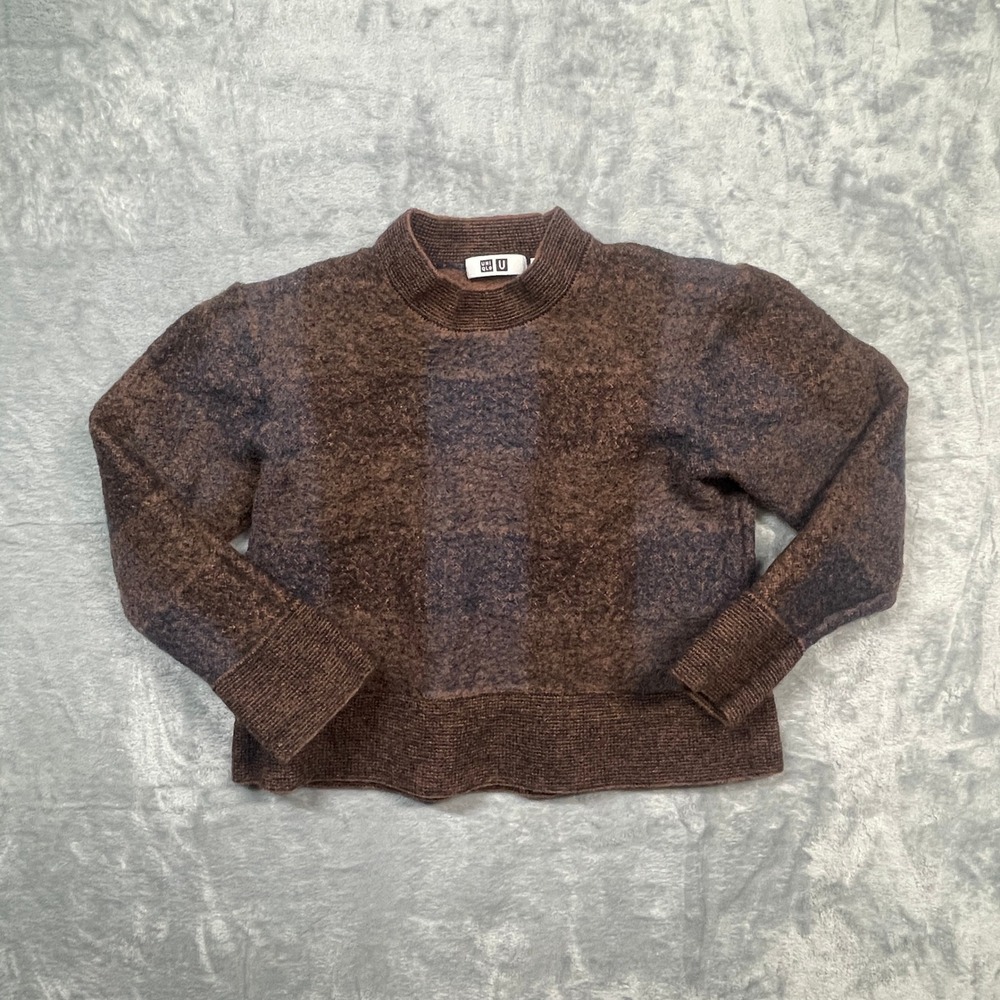 Uniqlo U Sweater Kids Brown Navy 100% Wool Block Check Lemaire Pullover S
